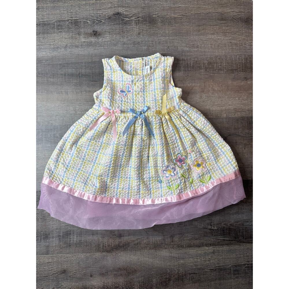 Youngland Yellow Blue Pink Kids Sleeveless Dress Textured Flowers Butterfly 2T